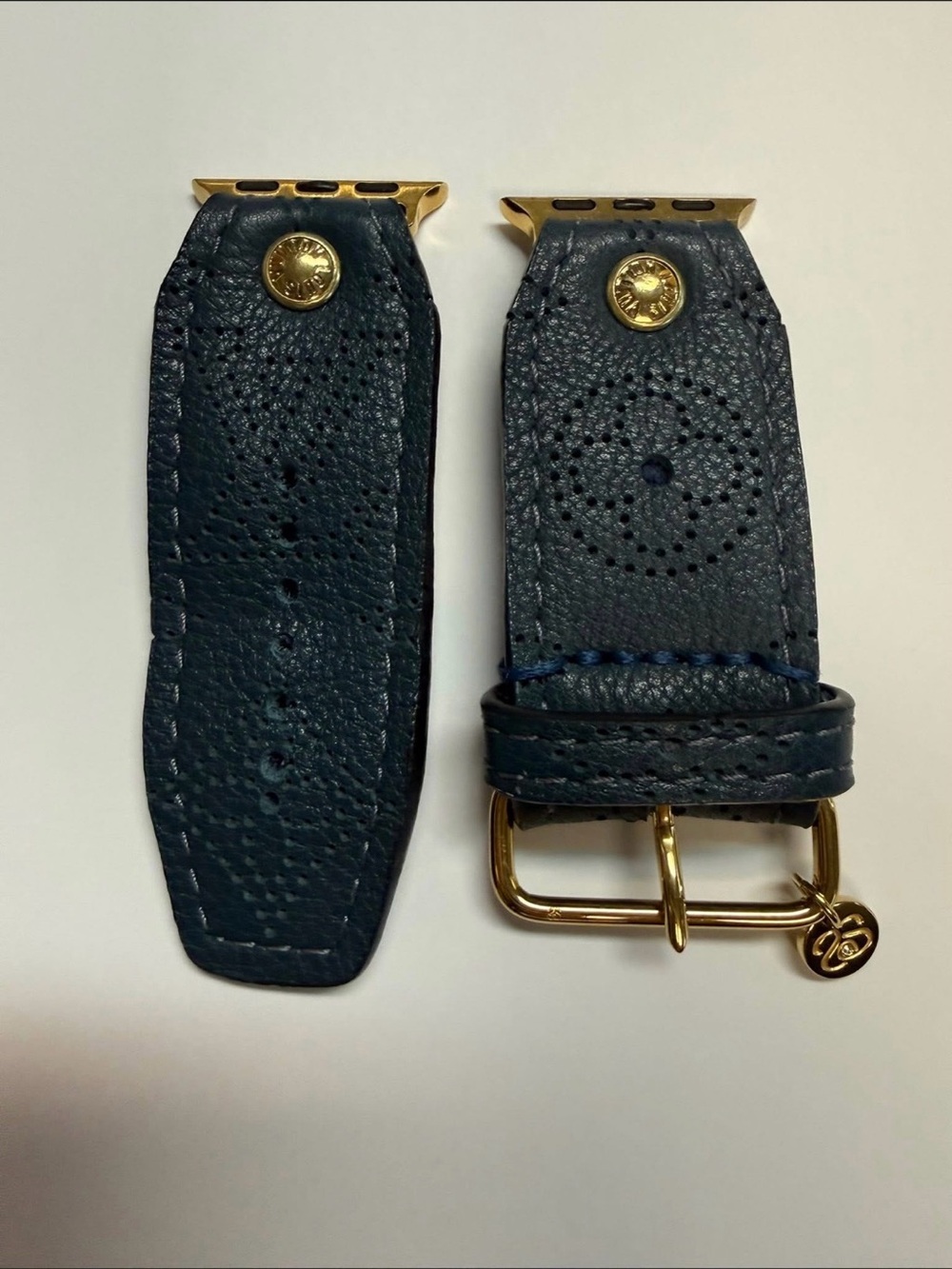 Perforated Navy Leather Upcycled LV Marine Mahina Watch Band with Gold Hardware